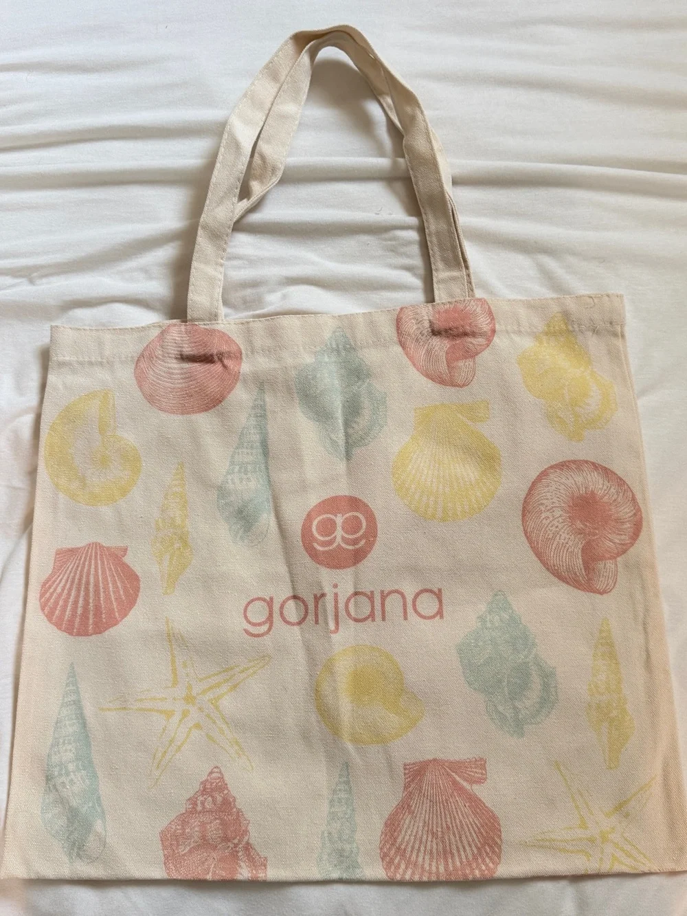 Gorjana Cream Canvas Tote with Pastel Shell Prints
